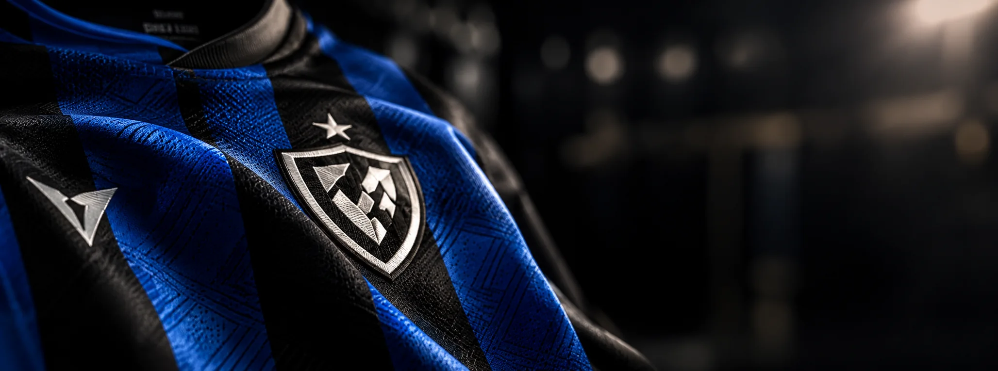 Detalhe do tecido e escudo do uniforme de futebol