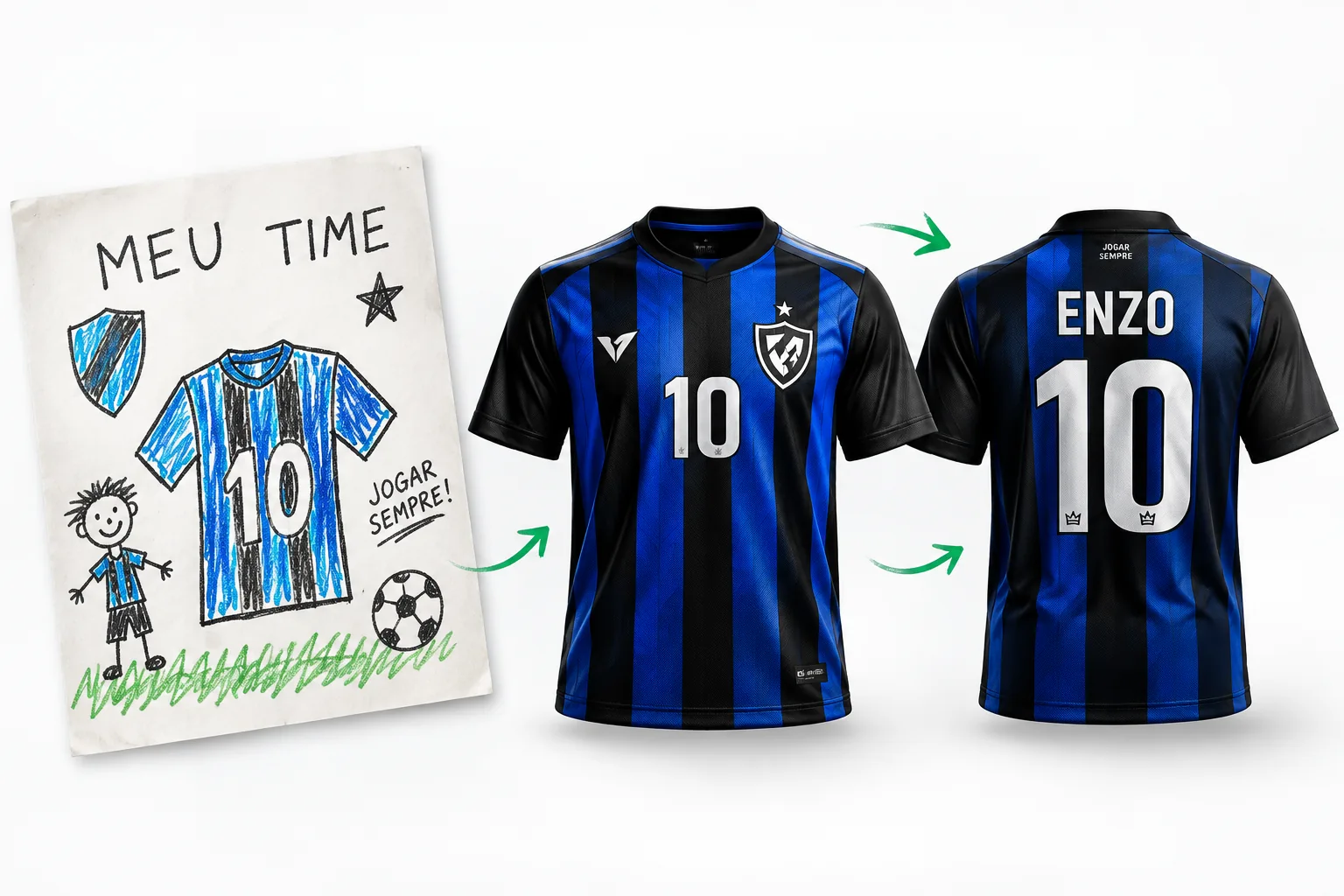 Desenho infantil transformado em uniforme personalizado, com camisa de frente e de costas