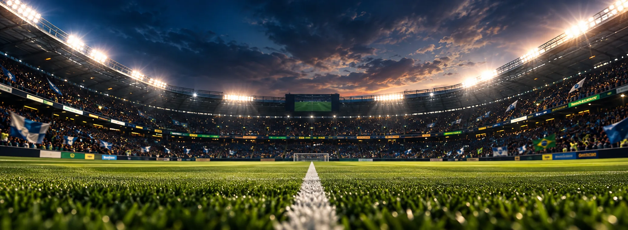Estádio de futebol com gramado iluminado