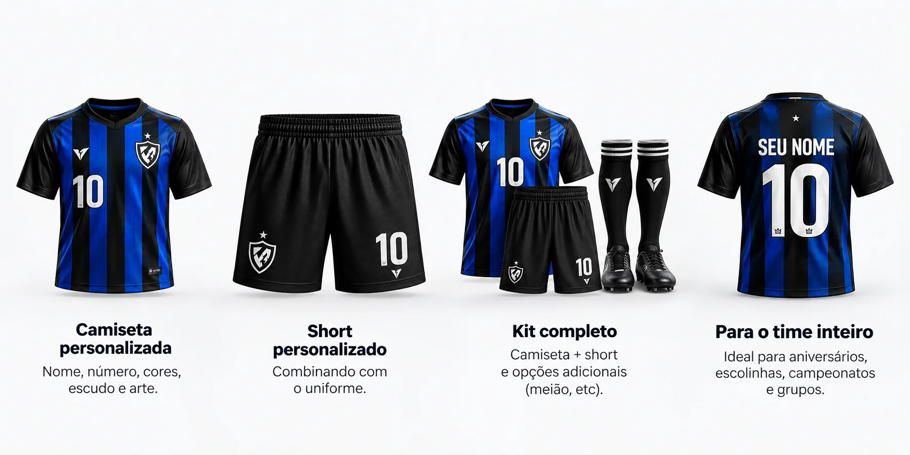 Camiseta de futebol personalizada infantil azul e preta