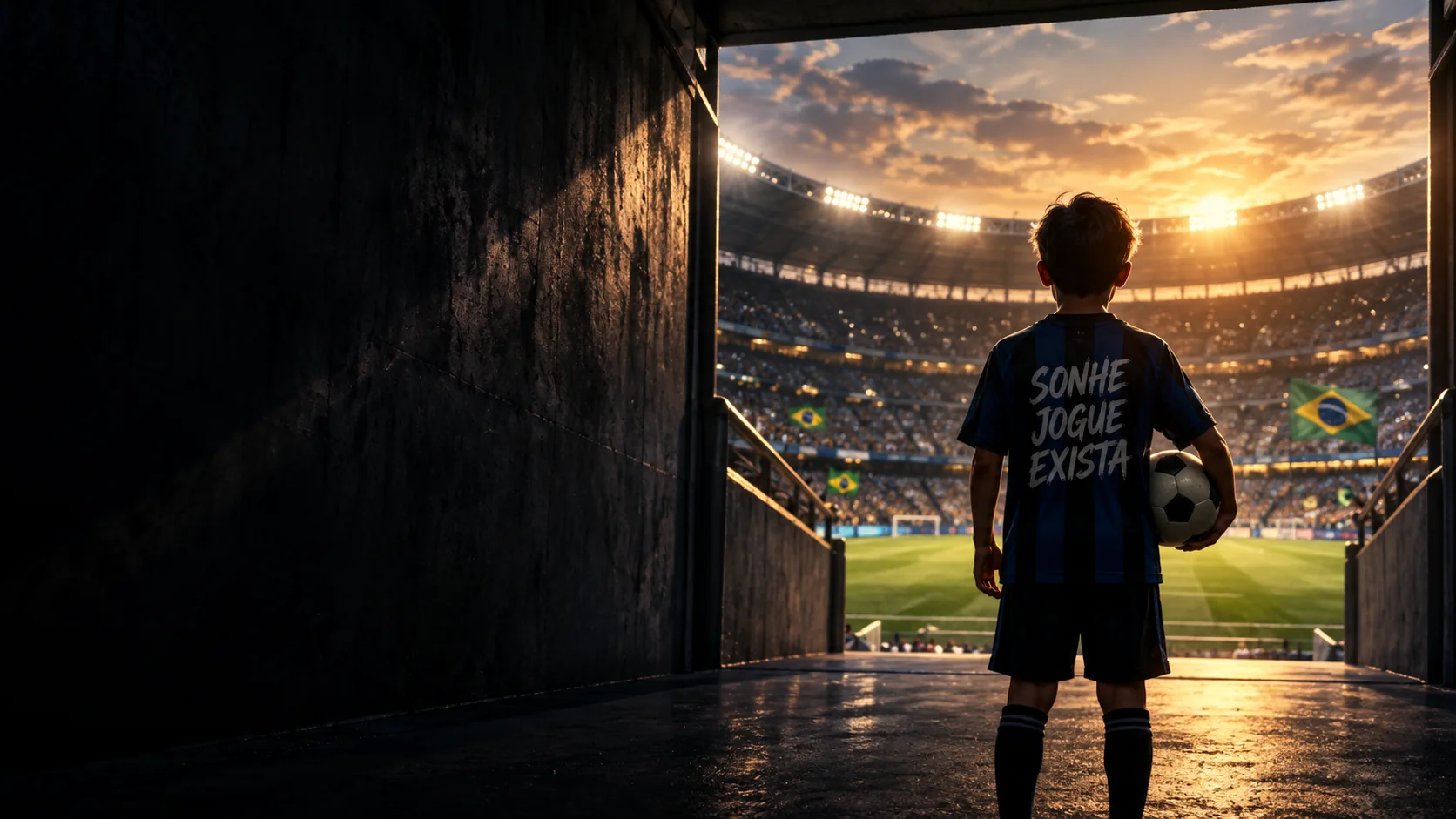 Criança entrando em campo com uniforme de futebol personalizado